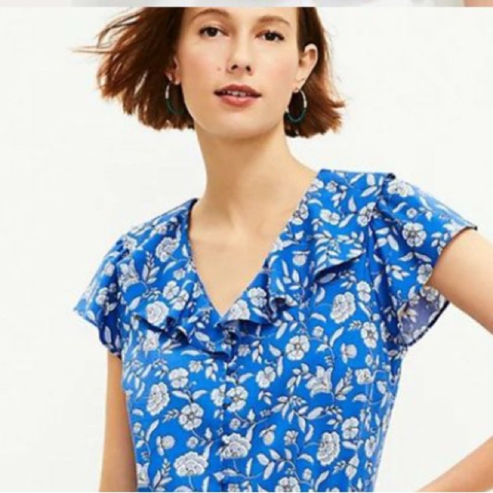 LOFT Floral Blue Ruffle Top